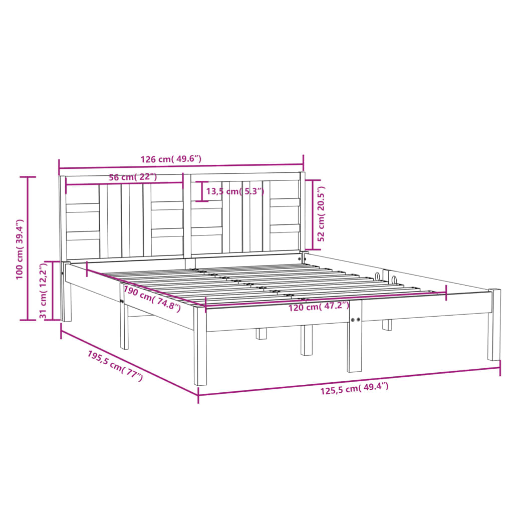 vidaXL Πλαίσιο Κρεβατιού 120 x 190 εκ. από Μασίφ Ξύλο Small Double