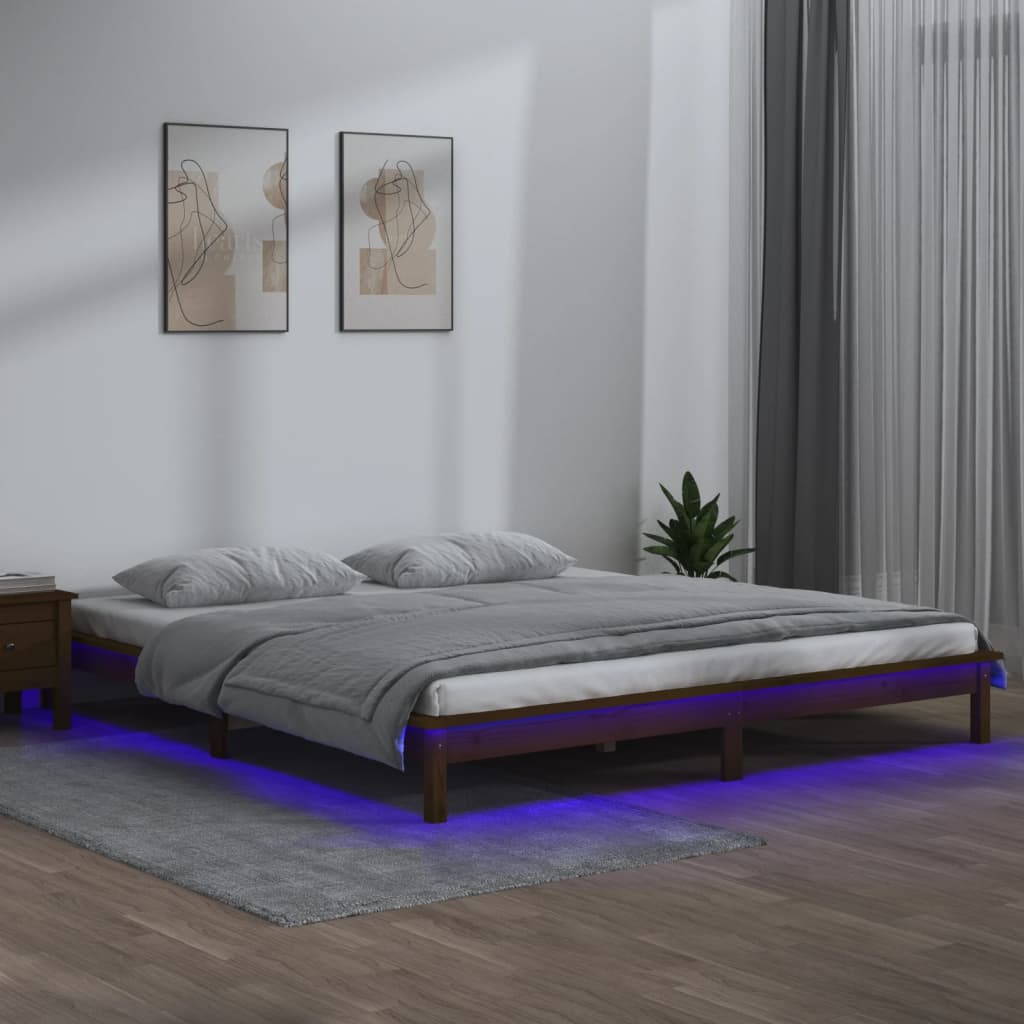 vidaXL Πλαίσιο Κρεβατιού με LED Μελί 135 x 190 εκ. Διπλό Μασίφ Ξύλο