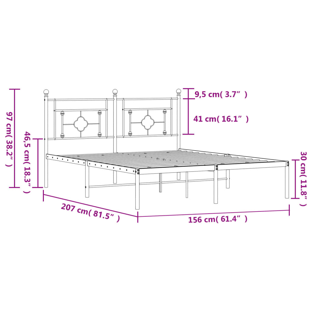 vidaXL Πλαίσιο Κρεβατιού με Κεφαλάρι Μαύρο 150 x 200 εκ. Μεταλλικό