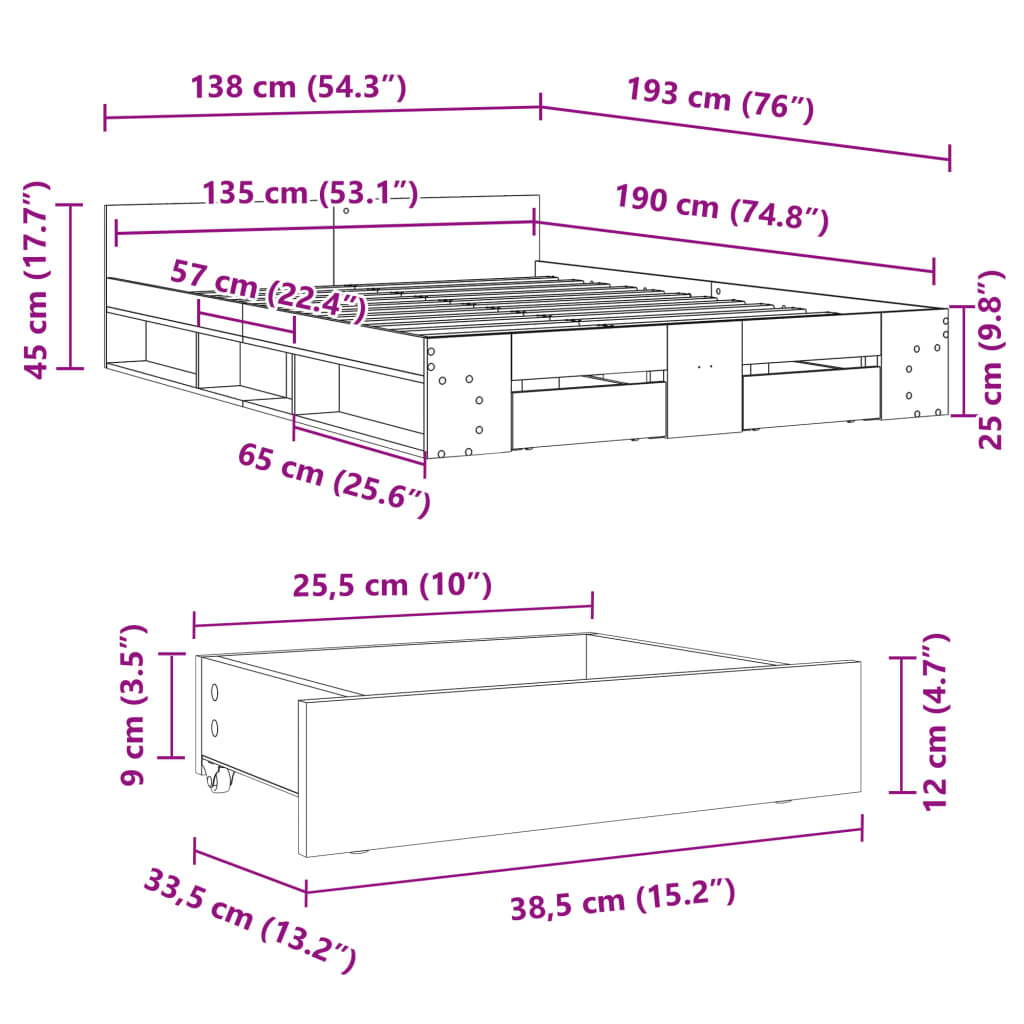 vidaXL Πλαίσιο Κρεβατιού με Συρτάρια Μαύρο 135x190 εκ Επεξεργ. Ξύλο