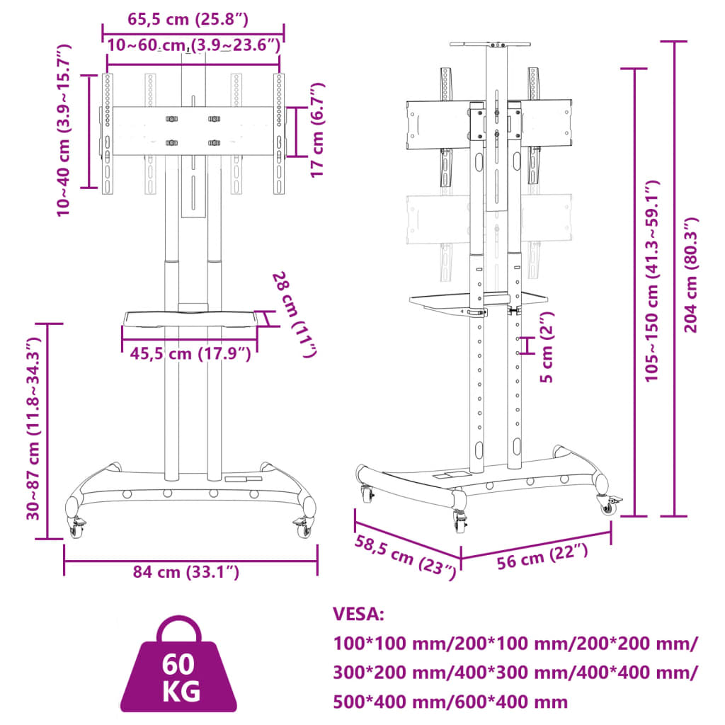 vidaXL Βάση Τηλεόρασης με Τροχούς 32-70Ιν. Max VESA 600x400χιλ. 60κ.