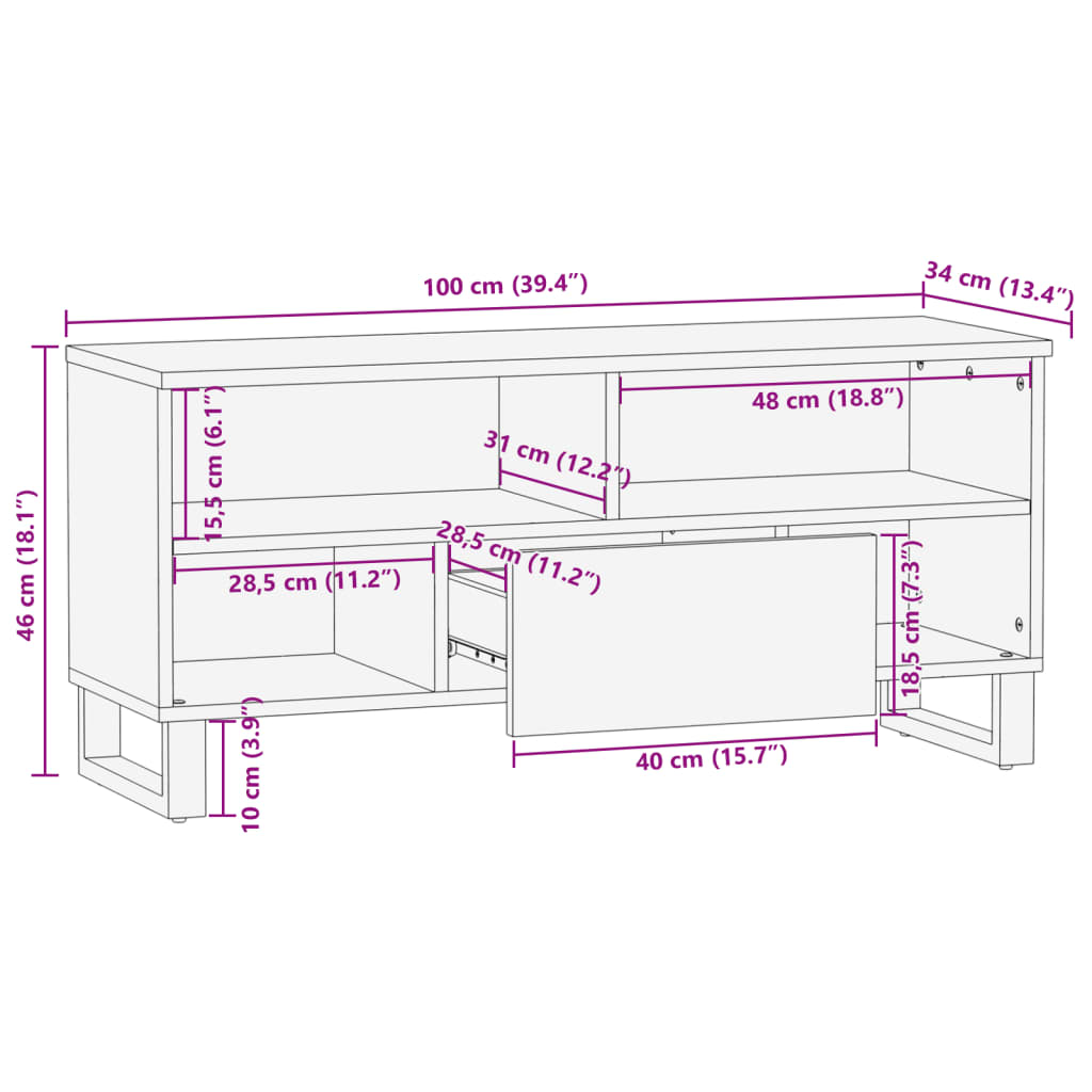 vidaXL Έπιπλο Τηλεόρασης Καφέ 100x34x46 εκ. Μασίφ Ξύλο Μάνγκο