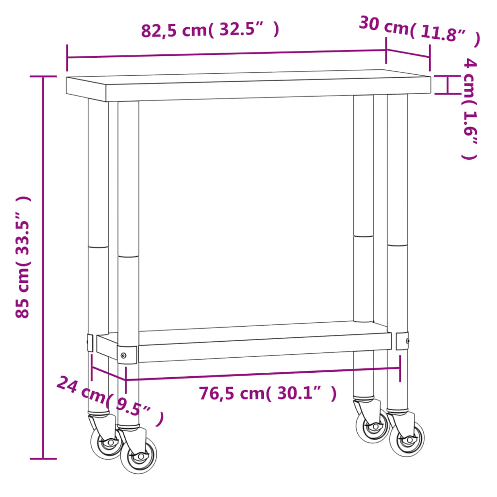 vidaXL Πάγκος Εργασίας Κουζίνας με Ροδάκια 82,5x30x85 εκ. Ανοξ. Ατσάλι