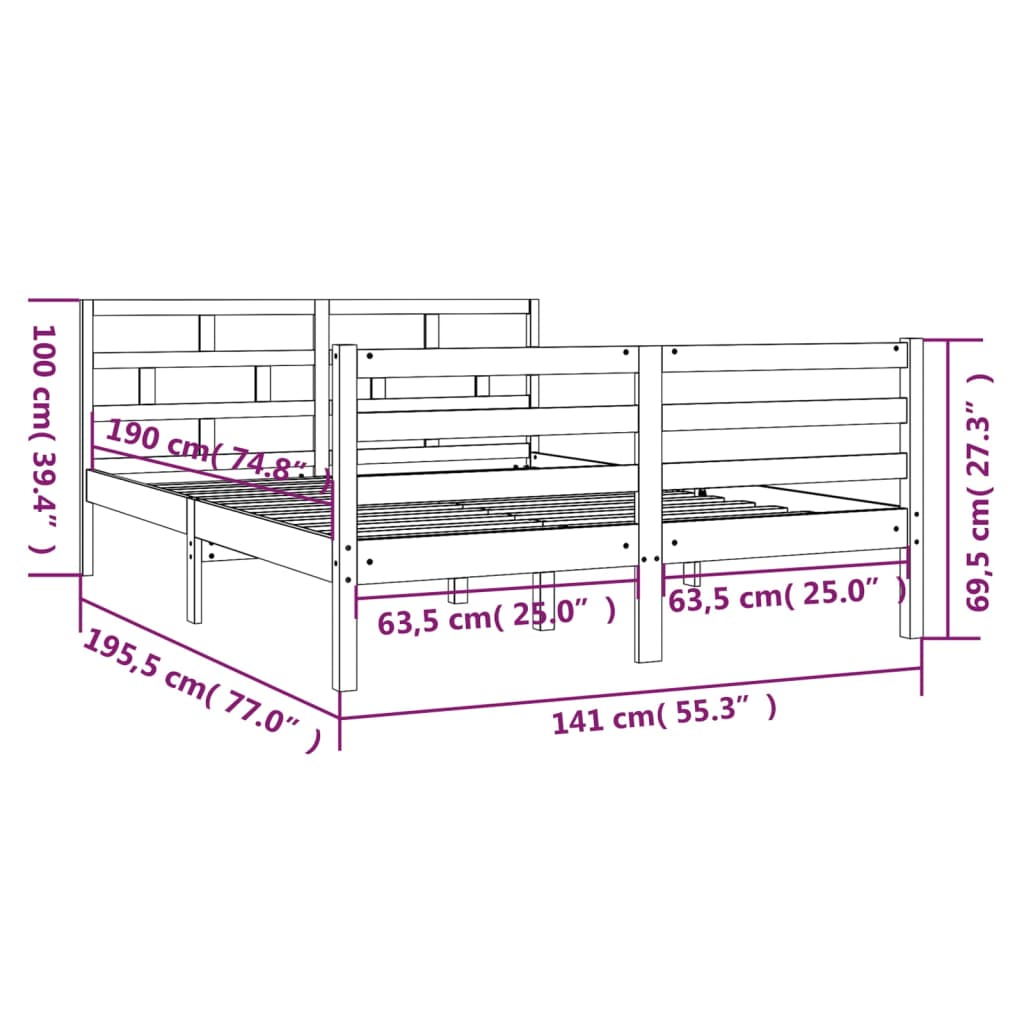 vidaXL Πλαίσιο Κρεβατιού 135 x 190 εκ. από Μασίφ Ξύλο Double