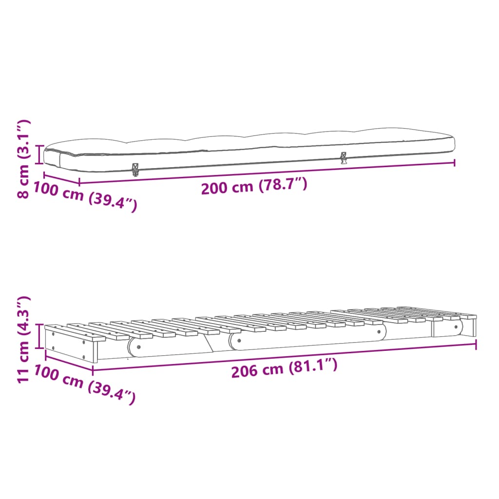 vidaXL Καναπές Κρεβάτι Futon/Στρώμα 100x206x11 Εμποτισμένο Ξύλο Πεύκου