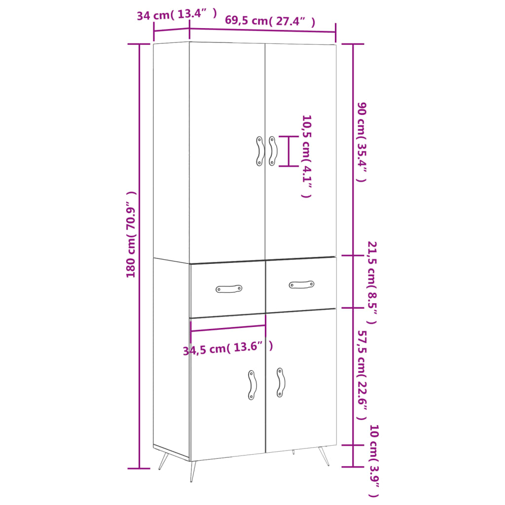 vidaXL Ντουλάπι Γκρι Σκυροδέματος 69,5x34x180 εκ. Επεξεργασμένο Ξύλο