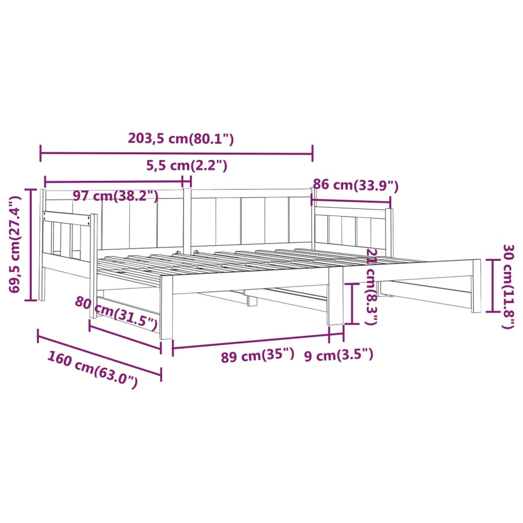 vidaXL Καναπές Κρεβάτι Συρόμενος Λευκός 2x(80x200) εκ. από Μασίφ Πεύκο