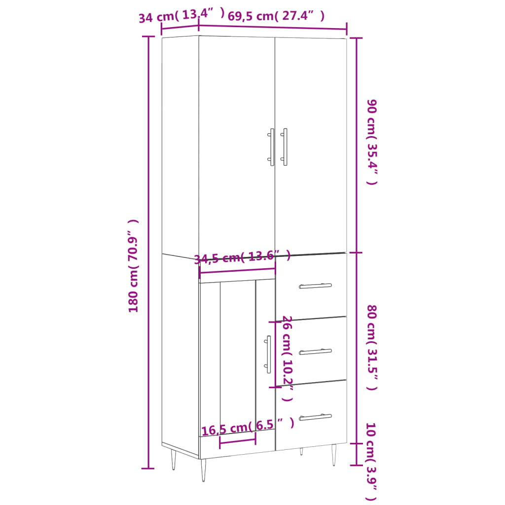 vidaXL Ντουλάπι Γκρι Sonoma 69,5 x 34 x 180 εκ. Επεξεργασμένο Ξύλο