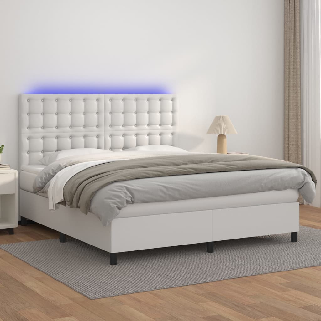 vidaXL Κρεβάτι Boxspring με Στρώμα & LED Λευκό 180x200 εκ. Συνθ. Δέρμα