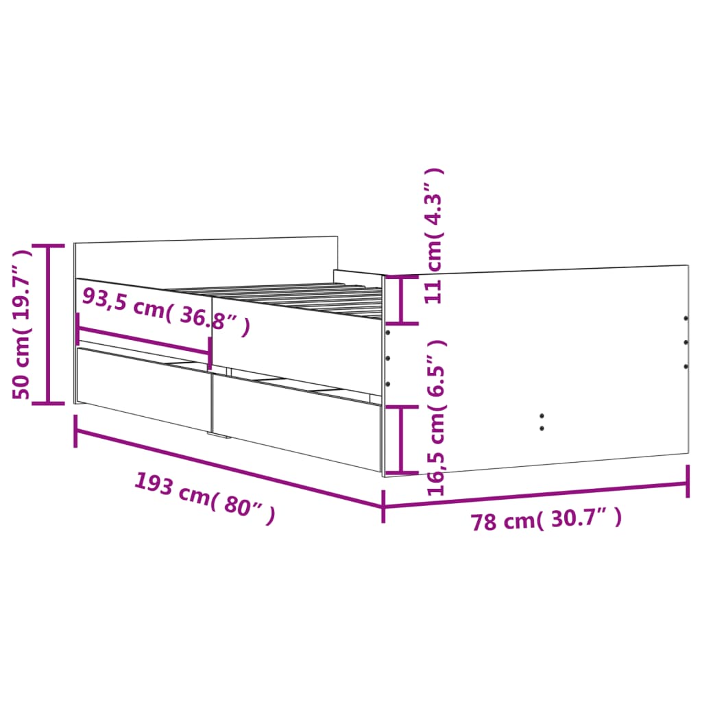 vidaXL Πλαίσιο Κρεβατιού Με Συρτάρια Καφέ Δρυς 75x190 εκ Small Single