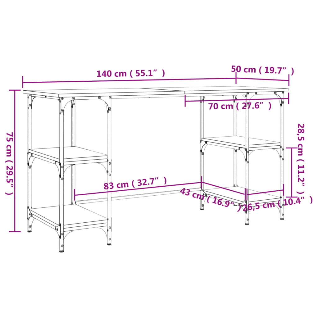 vidaXL Γραφείο Γκρι Sonoma 140x50x75 εκ. Μέταλλο & Επεξεργασμένο Ξύλο