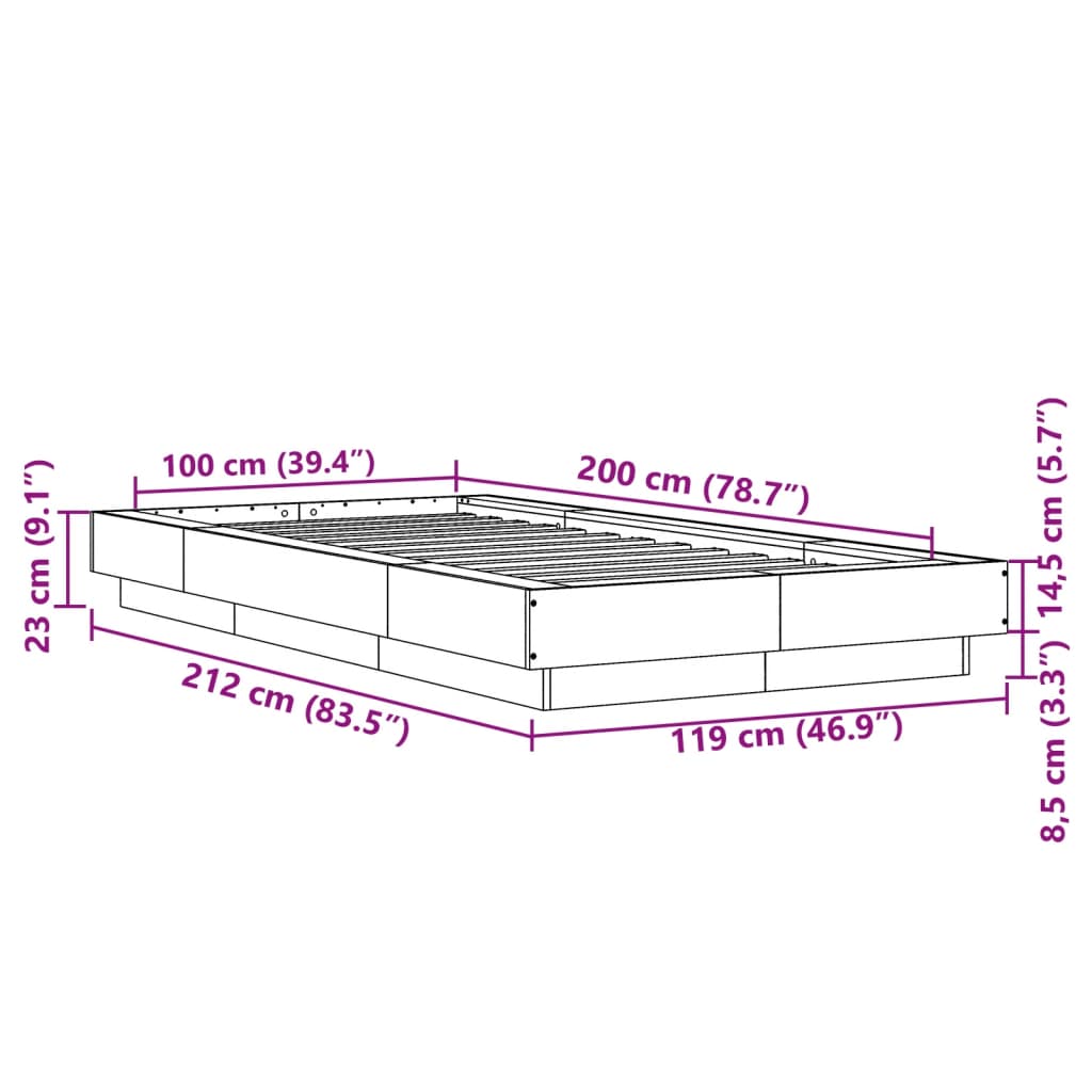 vidaXL Πλαίσιο Κρεβατιού με LED Καφέ Δρυς 100x200 εκ. Επεξεργ. Ξύλο