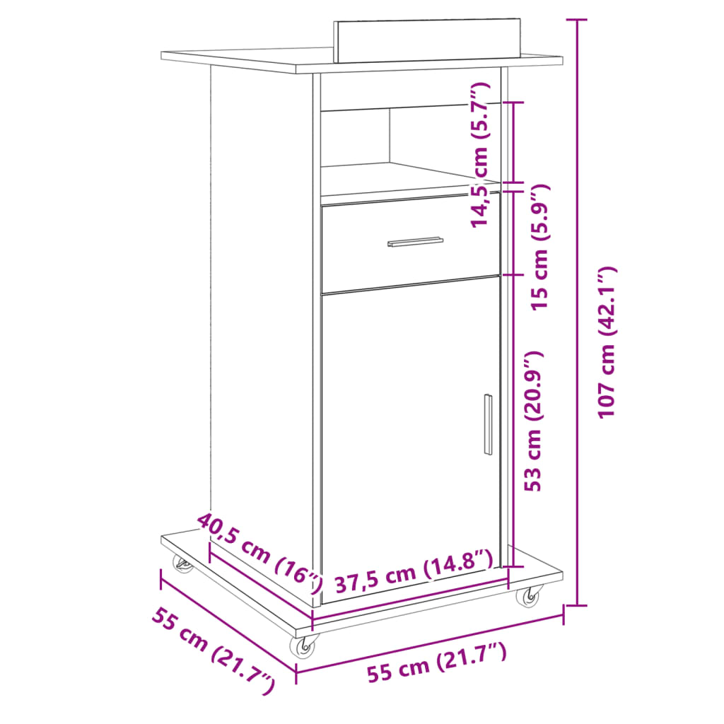 vidaXL Αναλόγιο με Ροδάκια & Συρτάρι Λευκό 55x55x107 εκ. Επεξ. Ξύλο