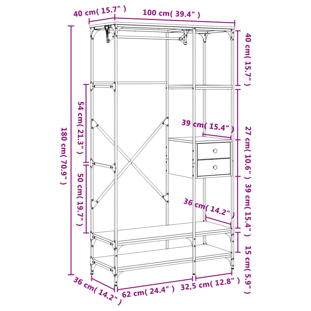 vidaXL Ντουλάπα με Συρτάρια Γκρι Sonoma 100x40x180 εκ. Επεξεργ. Ξύλο