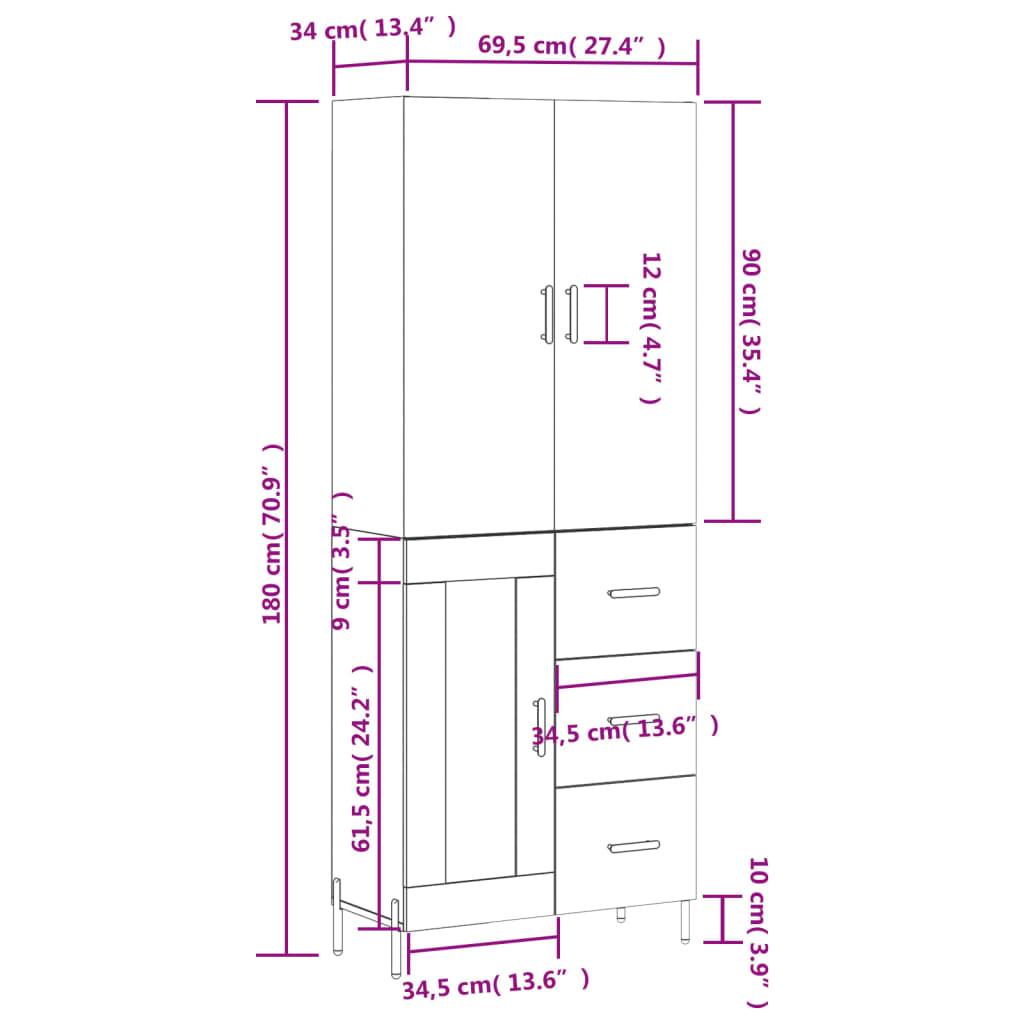 vidaXL Ντουλάπι Καφέ Δρυς 69,5 x 34 x 180 εκ. από Επεξεργασμένο Ξύλο