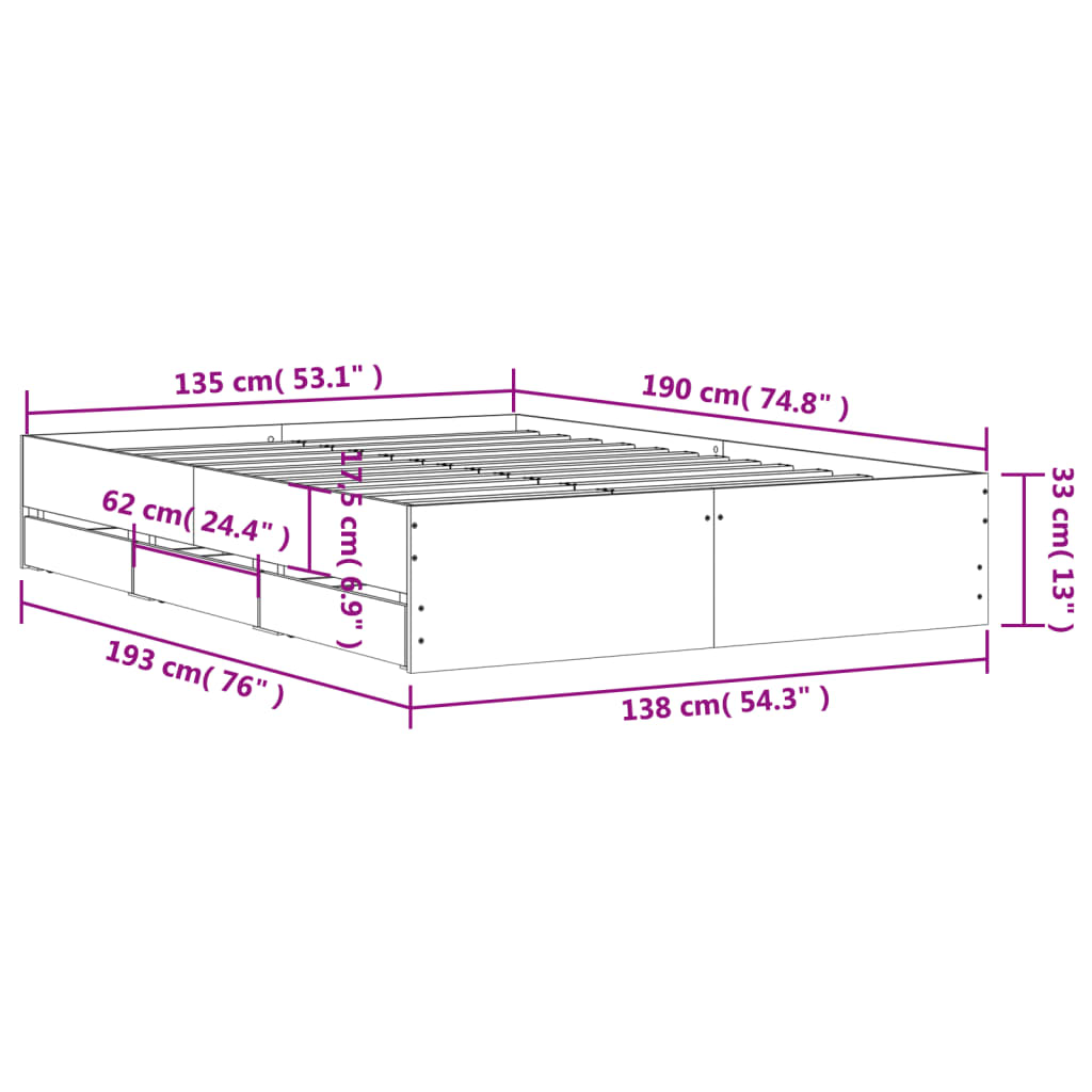 vidaXL Πλαίσιο Κρεβατιού με συρτάρια Γκρι sonoma 135x190εκ. Επεξ. Ξύλο