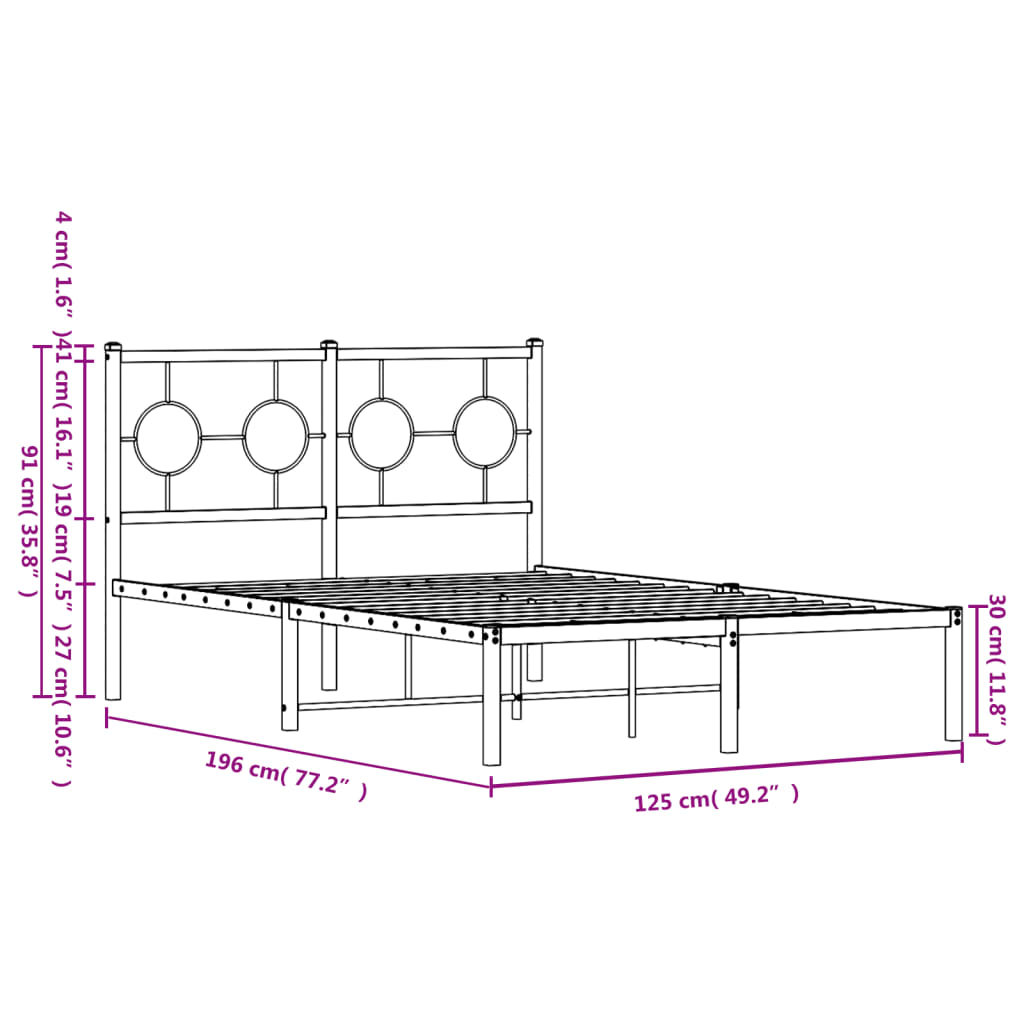 vidaXL Πλαίσιο Κρεβατιού με Κεφαλάρι Μαύρο 120 x 190 εκ. Μεταλλικό