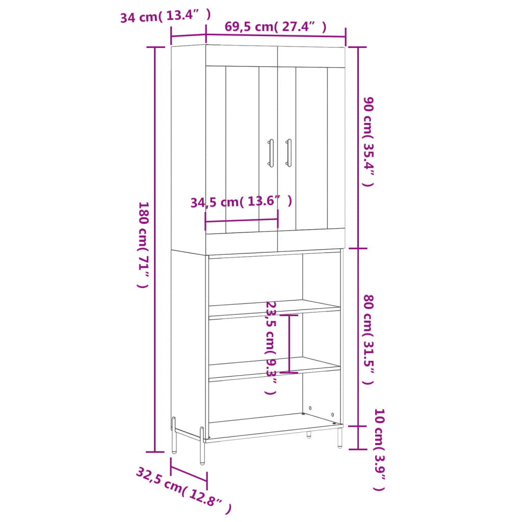 vidaXL Ντουλάπι Γκρι Sonoma 69,5 x 34 x 180 εκ. Επεξεργασμένο Ξύλο