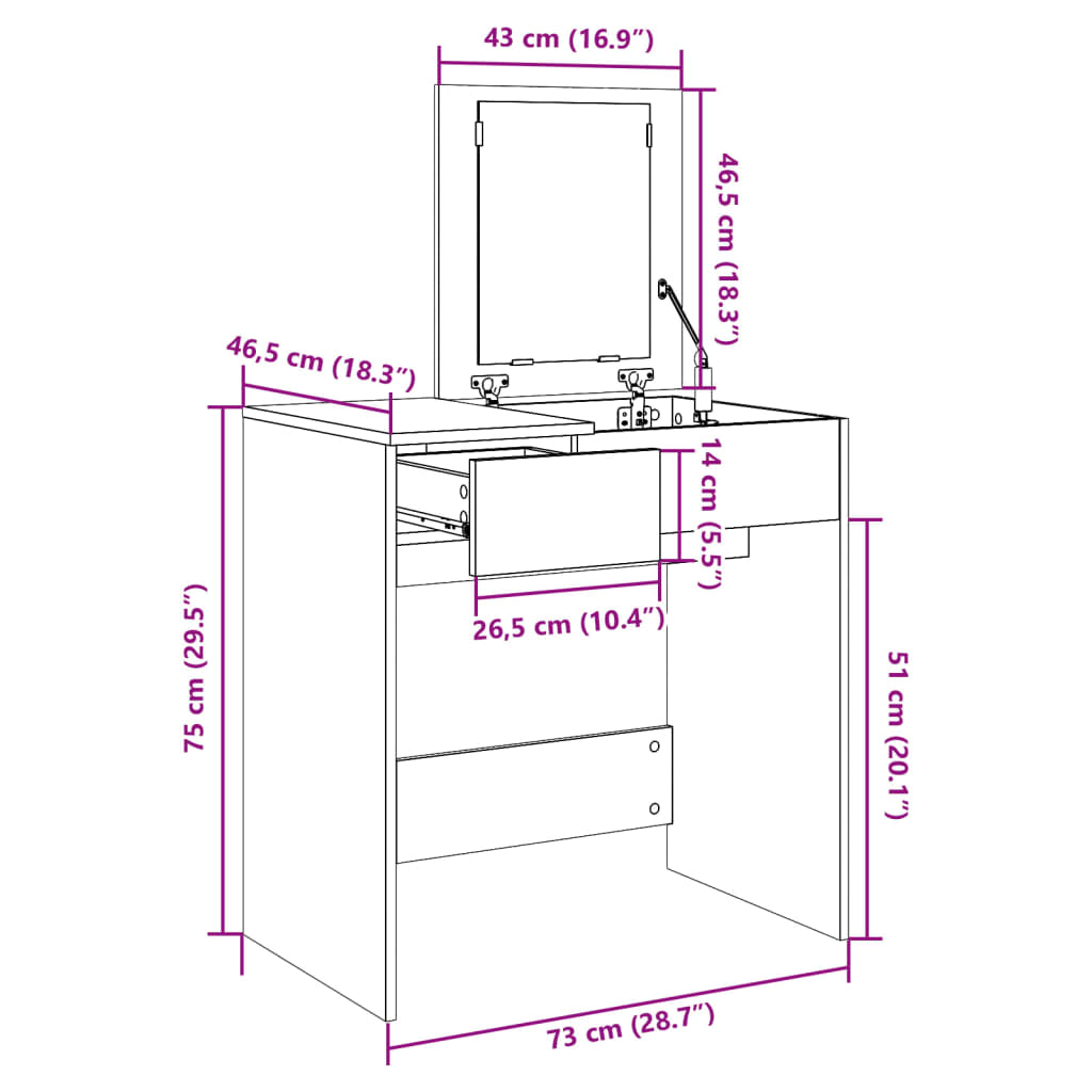 vidaXL Μπουντουάρ με Καθρέφτη Καφέ Δρυς 73x46,5x120 εκ.