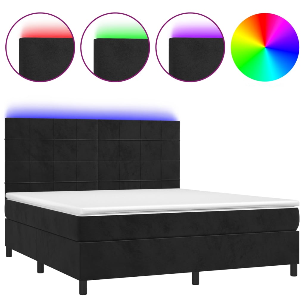 vidaXL Κρεβάτι Boxspring με Στρώμα & LED Μαύρο 180x200 εκ. Βελούδινο