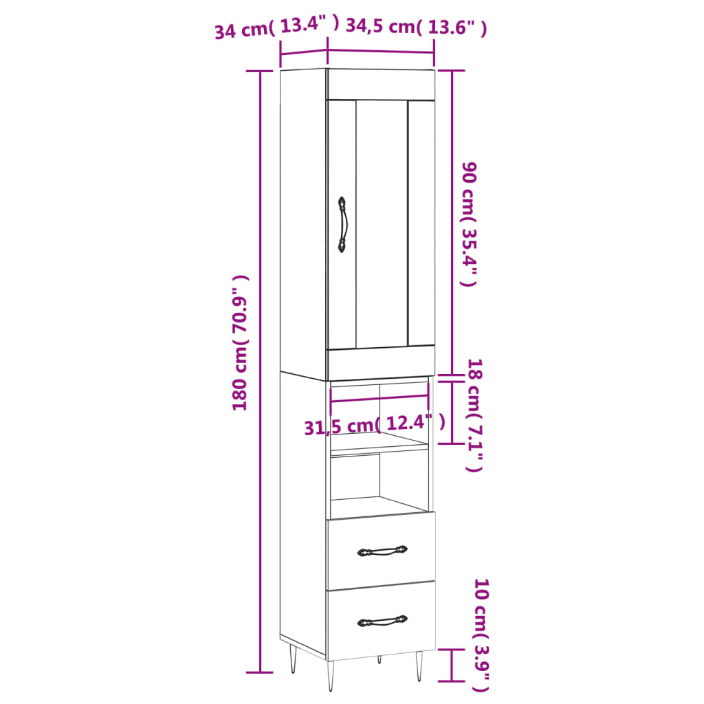 vidaXL Ντουλάπι Λευκό 34,5 x 34 x 180 εκ. από Επεξεργασμένο Ξύλο