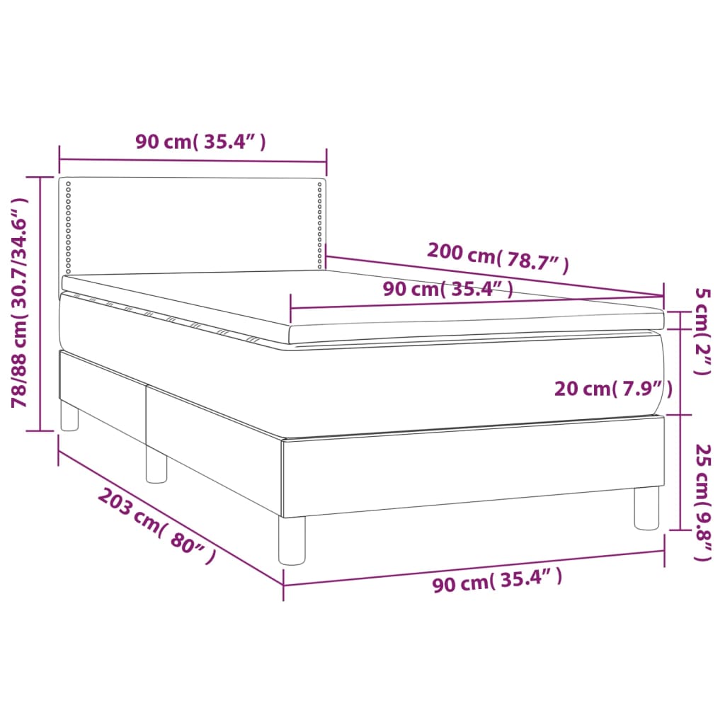 vidaXL Κρεβάτι Boxspring με Στρώμα & LED Σκ. Μπλε 90x200 εκ. Βελούδινο