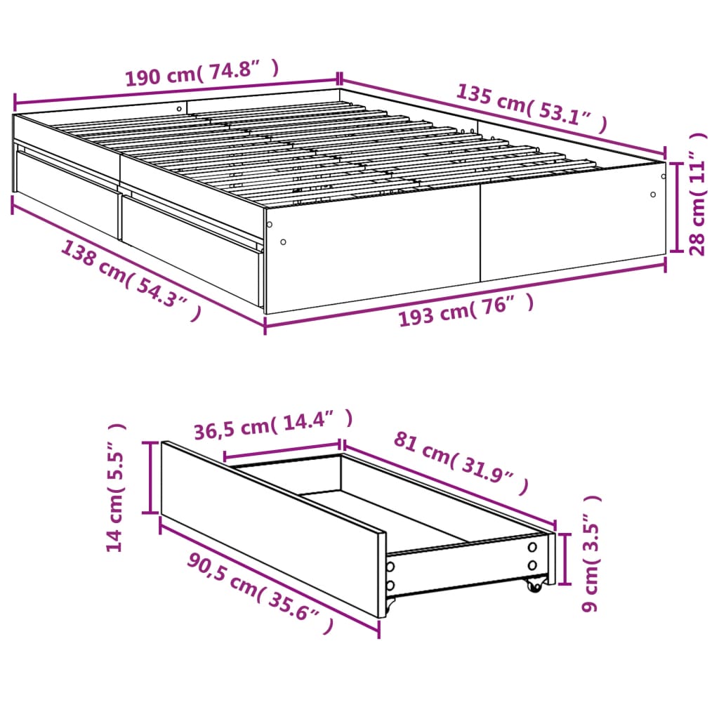 vidaXL Πλαίσιο Κρεβατιού με Συρτάρια Μαύρο 135x190 εκ Επεξεργ. Ξύλο