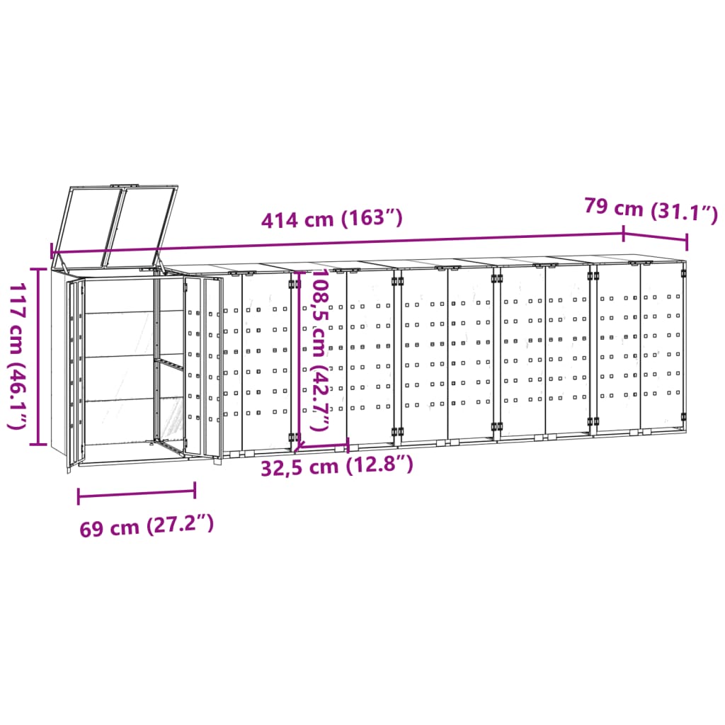 vidaXL Πλαίσιο Κάδων Απορριμμάτων 6 Κάδοι Γκρι 414x79x117 εκ. Ατσάλι